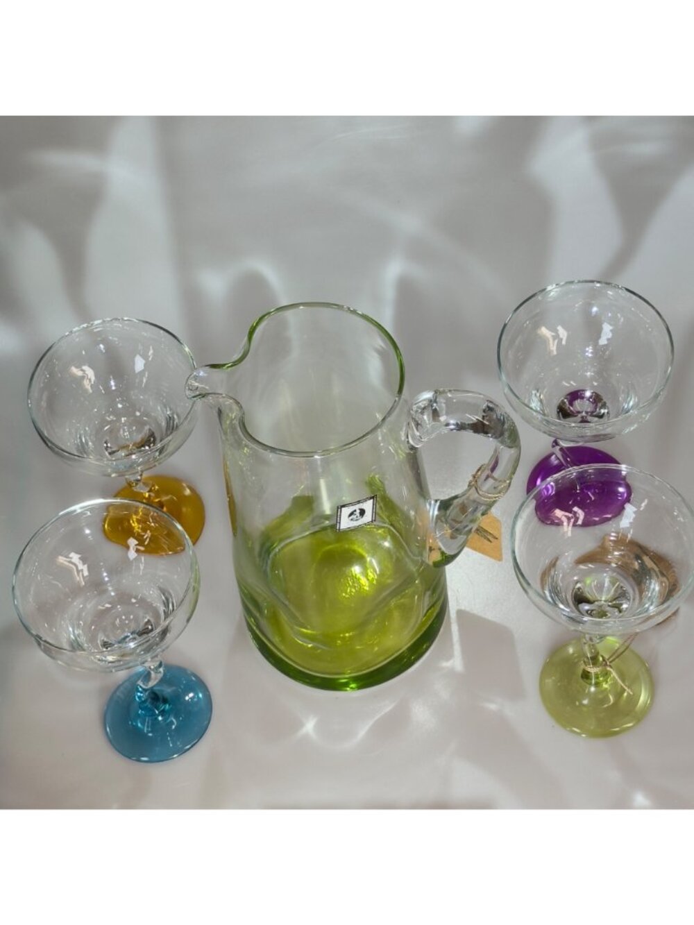 PartyLite Handmade Casa Glass Pitcher & Margarita Glass Set With Colorful Bases - Picture 2 of 16